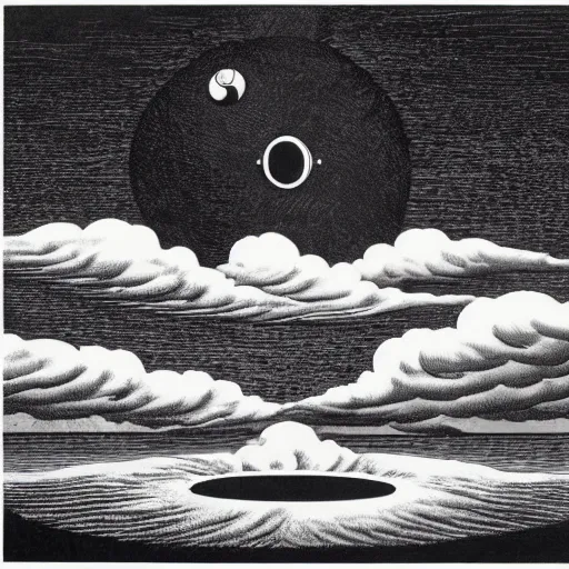 Prompt: a black and white drawing of a road splitting the ocean and leading to a giant eyeball in the distance, the eyeball is looking at clouds, beautiful illustration, screen press high contrast, by rene magritte and mc escher
