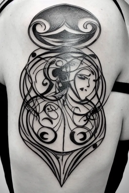 Prompt: mirrored delicate minimalist art nouveau shoulder tattoo, in the style of art deco