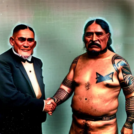 Image similar to a tattooed maori dignitary shakes hands with a 2 0 th century industrialist, colorized 1 9 0 4 photo, kodak camera, historical event, credit the national archives of the united kingdom