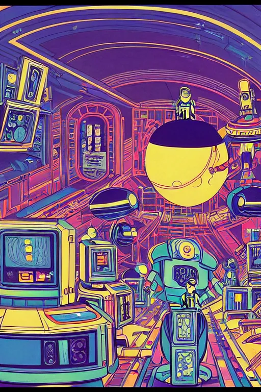 Image similar to a comic panel drawing of a room with a bed in an 8 0 s art deco international space station, robots, led screens, droids, a detailed painting by lisa frank, james jean, kilian eng, moebius, featured on deviantart, psychedelic art, psychedelic, dmt