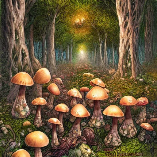 Image similar to mushroom forest drawn by ralph horsley, digital art, highly detailed, corrupted