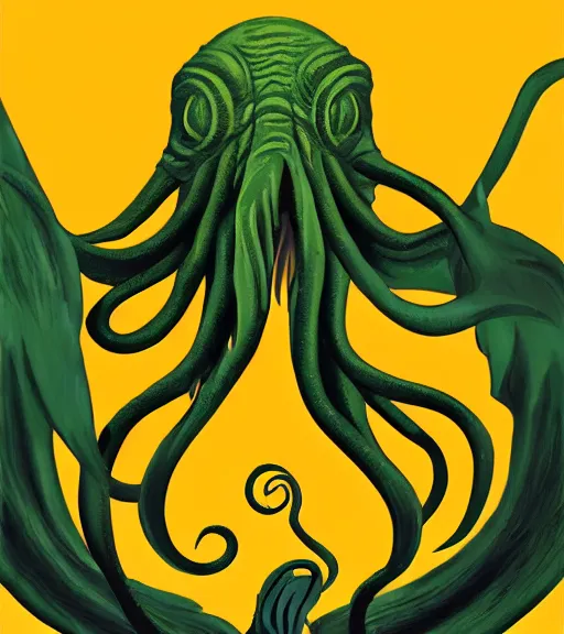 Prompt: cthulhu winged, yellow background, disney movie poster style, animation