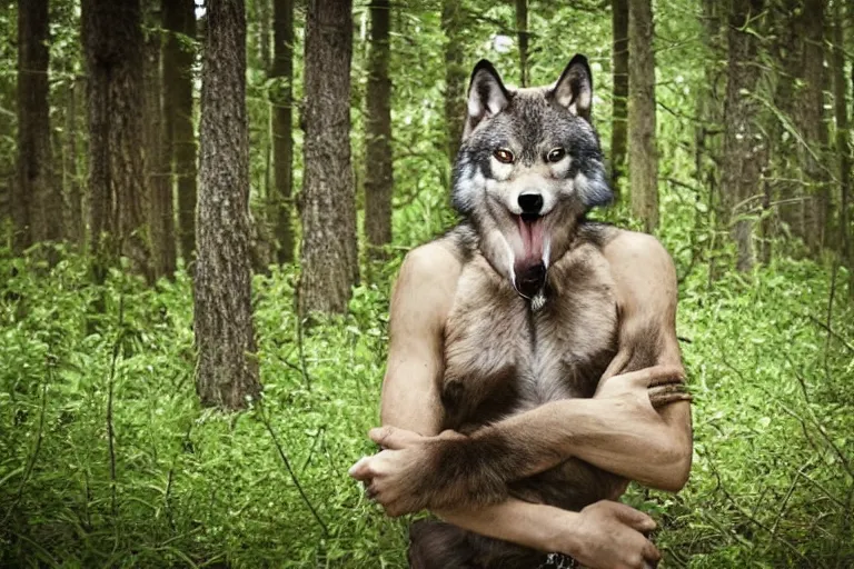 Image similar to hybrid consisting of a human and wolf, mostly wolf, photograph captured in the woods