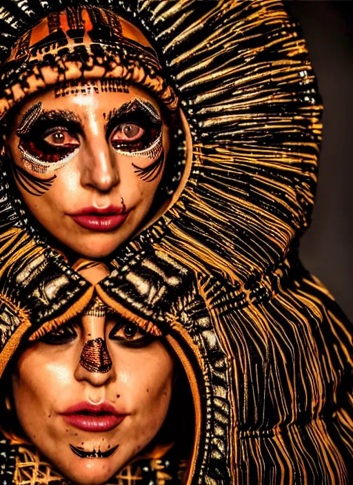 Image similar to lady gaga as a tribal woman, intricate, cinematic lighting, highly detailed, canon 3 5 mm photography, horizontal symmetry, smooth, sharp focus