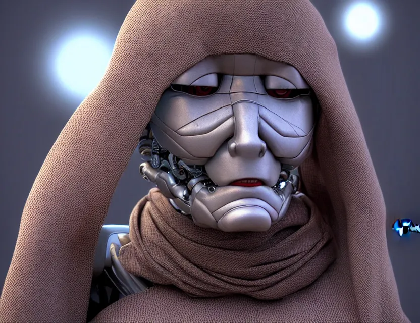 Prompt: cinematic bust portrait of robo! - cyborg!! granny, a scarf tied on the head, by jean giraud, trending artstaition, 3 d, unreal engine