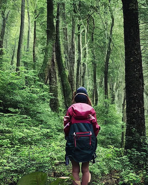 Image similar to Girl wearing backpack and adventure clothes standing in a forest, by Donglu Yu.