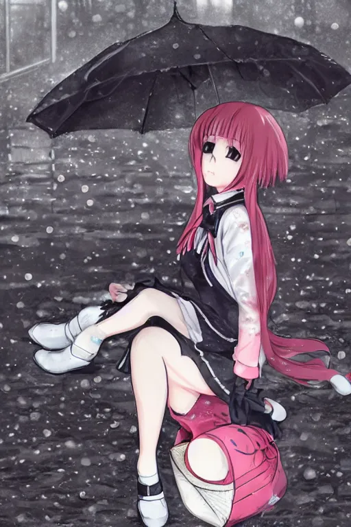 Image similar to A stern girl in Japanese maid's clothes and long stockings sits on the wet pavement in a parking lot in the rain at night. Dark anime drawing in gothic pixiv style.