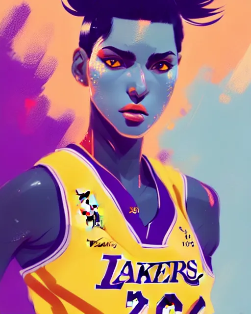 Image similar to a ultradetailed beautiful panting of a stylish woman in a lakers jersey, by conrad roset, greg rutkowski and makoto shinkai, trending on artstation