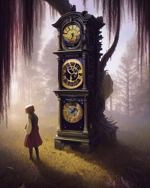 Image similar to highly detailed surreal vfx portrait of a cursed grandfather clock in a shadowy forest by a willow tree, stephen bliss, unreal engine, greg rutkowski, loish, rhads, beeple, makoto shinkai and lois van baarle, ilya kuvshinov, rossdraws, tom bagshaw, alphonse mucha, global illumination, detailed and intricate environment