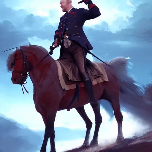 Image similar to portrait of bonnie prince charlie atop his horse, 4 k, concept art, by wlop, ilya kuvshinov, artgerm, krenz cushart, greg rutkowski, pixiv. cinematic dramatic atmosphere, sharp focus, volumetric lighting, cinematic lighting, studio quality