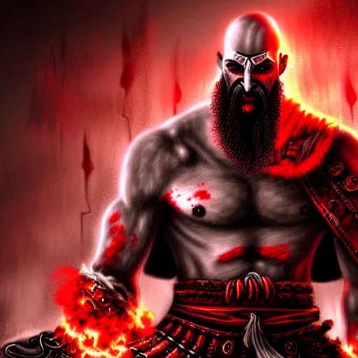 Image similar to epic chthonic ancient warrior Kratos black veins red demonic eyes, red smoke on the background by Boris Valejio, high detailed digital art