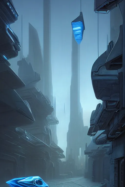 Prompt: emissary futuristic cityscape with blue street lamps, windows lit, stone marble sculptures in a courtyard, by tim blandin and arthur haas and bruce pennington and john schoenherr, cinematic matte painting, zaha hadid building, photo realism, dark moody color palate, blue hour stars, desolate glacial landscape,