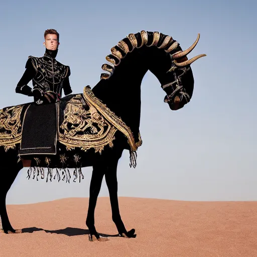 Image similar to medium face shot of adult Austin Butler dressed in futuristic-baroque black-prussian blue garb with Griffin-Ram embroidery emblem, and nanocarbon-vest and greaves, standing in an arena in Dune 2021, XF IQ4, f/1.4, ISO 200, 1/160s, 8K, face in-frame