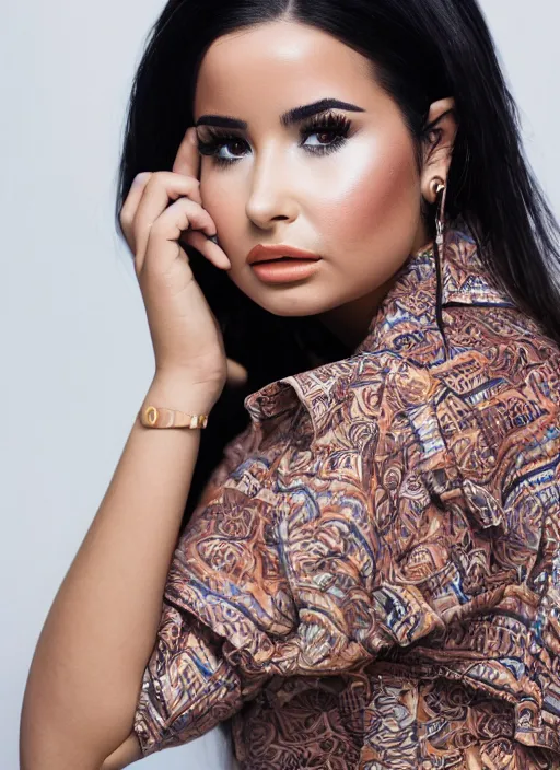 Image similar to portrait of demi rose wearing batik shirt, by francis giancobetti, natural light, detailed face, canon eos c 3 0 0, ƒ 1. 8, 3 5 mm, 8 k, medium - format print