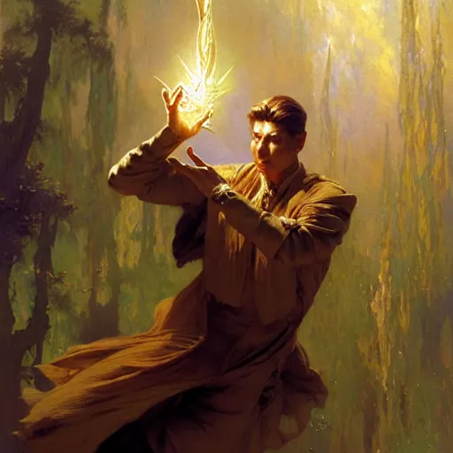 Prompt: stunning male wizard casting his anti - gravity spell, highly detailed painting by gaston bussiere, craig mullins, j. c. leyendecker, 8 k