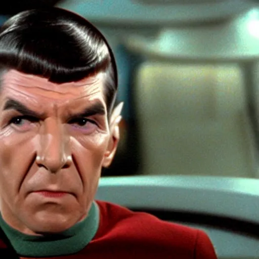 Image similar to mr spock drinking coffee on the bridge of the enterprise, cinematic, movie still