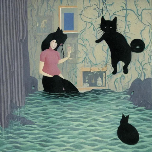 Image similar to tall female catgirl artist holding a black cat in her flooded apartment, pomegranates, octopus, water gushing from ceiling, painting of flood waters inside an artist's apartment, a river flooding indoors, mushrooms, ikebana, zen, rapids, waterfall, black swans, canoe, berries, acrylic on canvas, surrealist, by magritte and monet