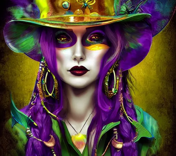 Image similar to beautiful female character inspired by new orleans mardi gras and dada vampire bounty hunter | | digital artwork made by greg rutswork, anna dittmann and lois van barlee, symmetrical rim light, anatomically correct