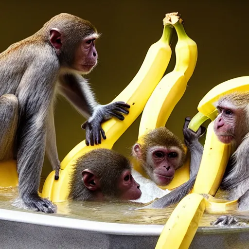 Image similar to monkeys bathing in a tub and eating bananas, national geographic