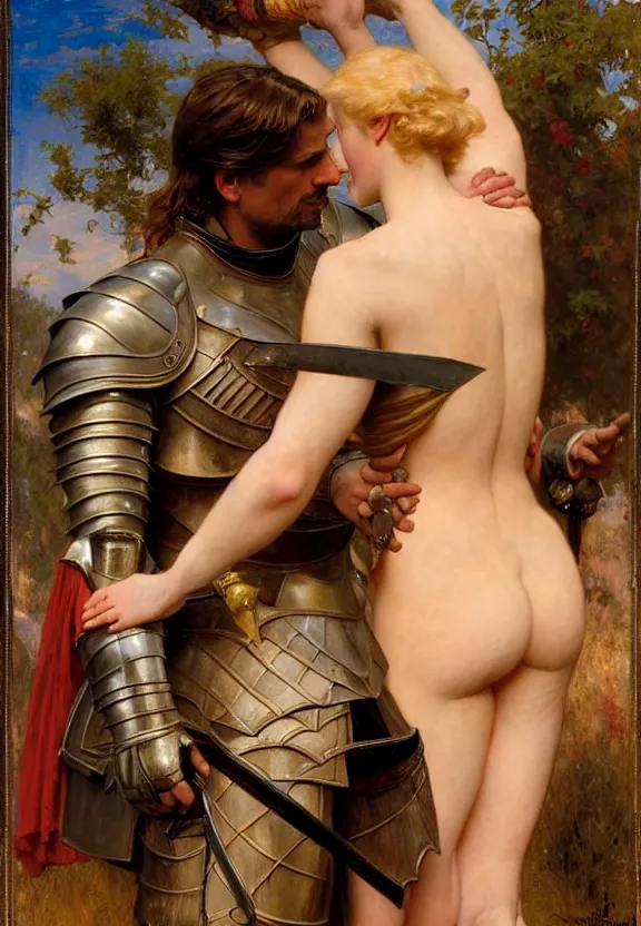 Image similar to attractive handsome fully clothed jaime lannister confesses his love for attractive fully armored lady knight brienne of tarth. highly detailed painting by gaston bussiere and j. c. leyendecker and william adolphe bouguereau, musee d'orsay 8 k