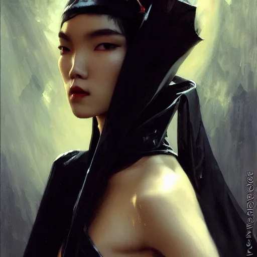 Image similar to detailed cinematic wide shot of beautiful attractive tao okamoto asian vampire woman wearing black bath robe slim face symettrical face clean skin black eyes black robe smooth, sharp focus, ultra realistic, spring light, painting by gaston bussiere, craig mullins, j. c. leyendecker