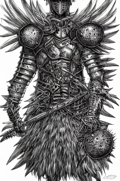 Image similar to armoured warrior dandelion monster, symmetrical, highly detailed, digital art, dandelion themed armour, sharp focus, trending on art station, kentaro miura manga art style