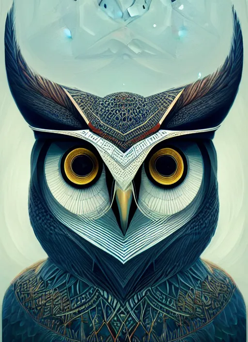 Image similar to portrait of a geometric owl, identical eyes, medium shot, illustration, full body made of white feathers, 8 k, symmetrical, art stand, super detailed, cinematic lighting, and its detailed and intricate, gorgeous, by peter mohrbacher