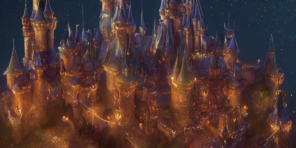 Image similar to a glittering fantasy castle at night, extremely detailed, Behrens style, digital art, octane render, beautiful composition, trending on artstation, masterpiece