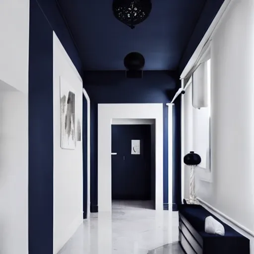 Prompt: minimalist hallway, navy blue and black aesthetic, unknown location, clean, stucco walls, shiny floors, cinematic