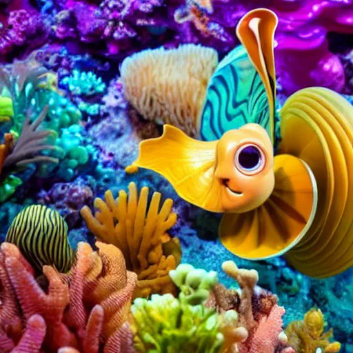 Prompt: a nautilus giving a motivational speech to his fellow sea creatures, vivid, beautiful, colorful, Pixar