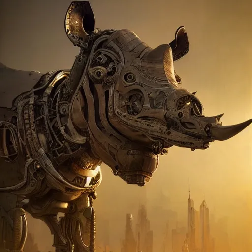 Image similar to a biomechanical rhino made of scrap metal, cyberpunk, macro, intricate, elegant, highly detailed, digital painting, artstation, biolusence, concept art, sharp focus, art by artgerm and greg rutkowski and alphonse mucha, 8 k