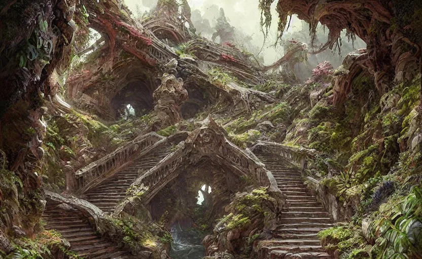 Image similar to an old stone stairway leading deep inside a cliff covered in roots and scraggy plants, fantasy digital painting, stunning intricate details, artwork by ross tran and greg rutkowski