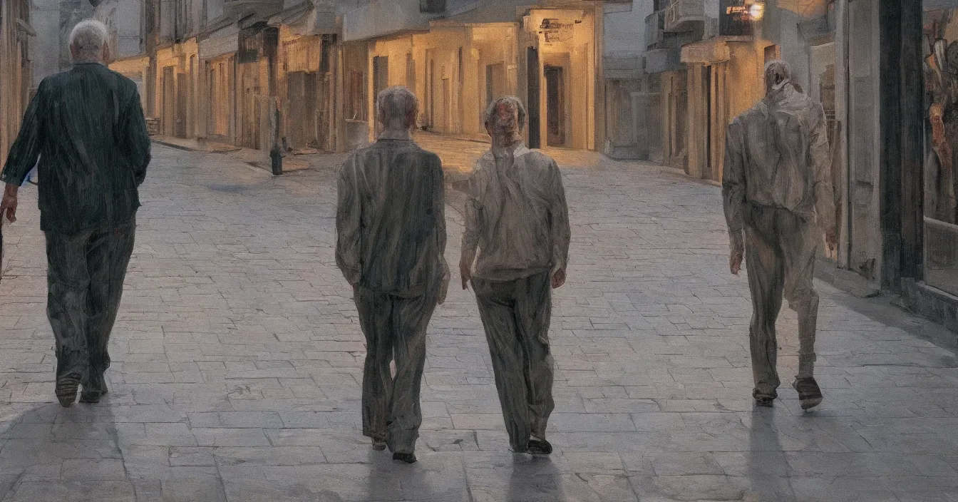 Image similar to high quality high detail painting of todd solondz walking with a friend in an empty tel aviv street, night, by lucian freud and gregory crewdson, hd, photorealistic lighting