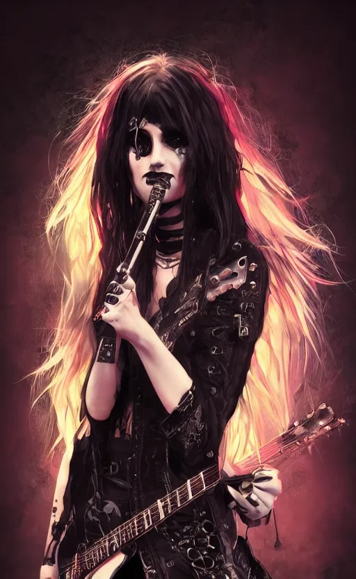 Image similar to gothic rock star girl on stage. concept art, artstation trending, digital painting highly detailed, vxf movie, cinematic