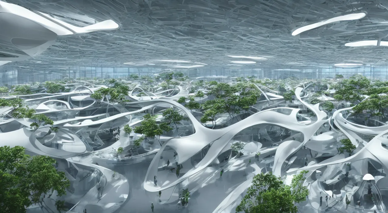Prompt: futuristic open office with parks and plants, glowing computer screens, made with glossy white plastic and large windows and voluminous light and light rays, extremely intricate, very detailed, in style of zaha hadid, artstation, octane render, cinematic lighting