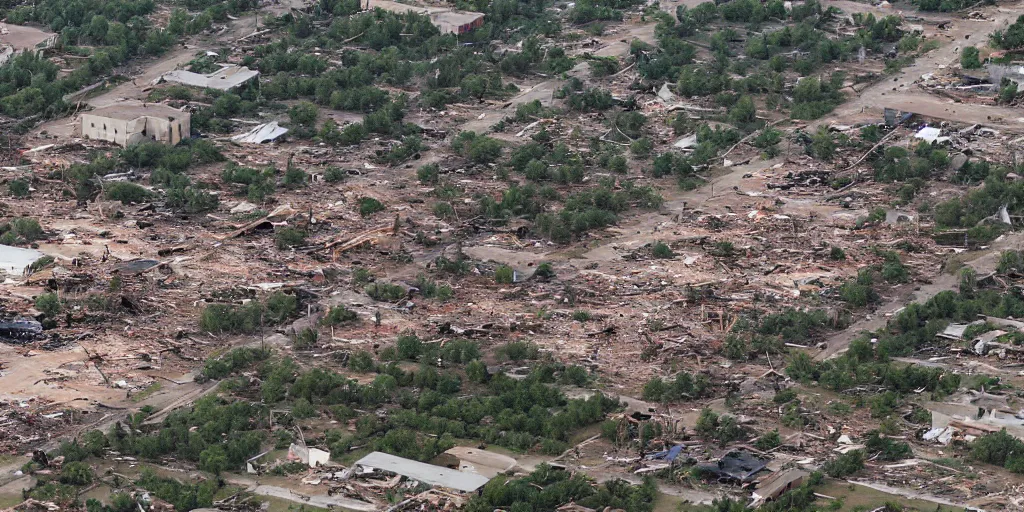 Image similar to the tornado left a trail of destruction with considerable damage not only to buildings and infrastructure but also in the forests in the metropolis oklahoma city, dramatic, catastrophic, photography