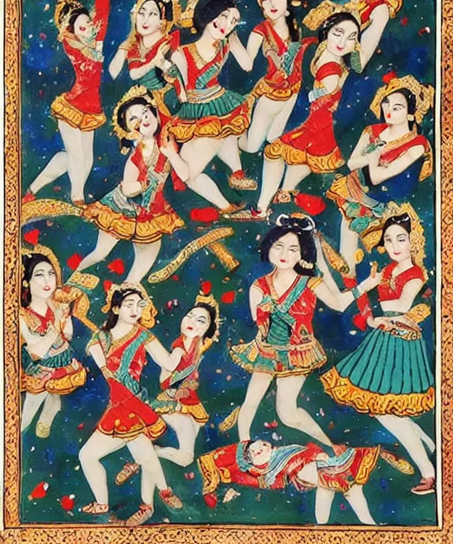 Image similar to a persian miniature painting, cute cheerleaders dancing, shorts, ultra sharp, extra details, ultra high quality, trending on pinteresst