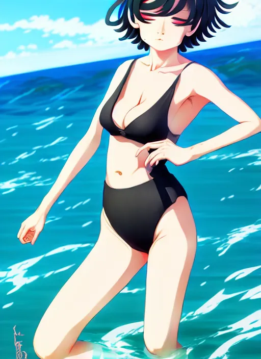 Image similar to full body illustraion of jugoku no fubuki as a handsome woman, wearing two - piece swimsuit, ilya kuvshinov, anime, deroo, pixiv top monthly, trending on artstation, cinematic, danbooru, zerochan art, kyoto animation