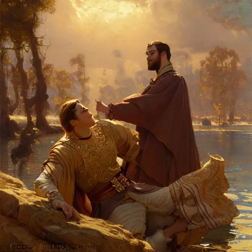 Image similar to attractive fully clothed king confesses his love for his attractive fully clothed male prince. highly detailed painting by gaston bussiere, craig mullins, j. c. leyendecker 8 k