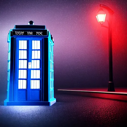 Image similar to a hyperdetailed photograph of the tardis sat on a futuristic street corner, night, dense fog, rain, hd, 8 k resolution