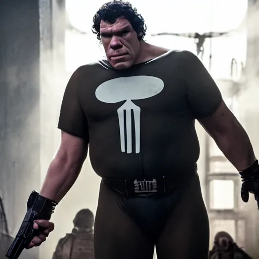 Image similar to Andre The Giant as The Punisher, cinematic, photorealistic, movie still, 8k