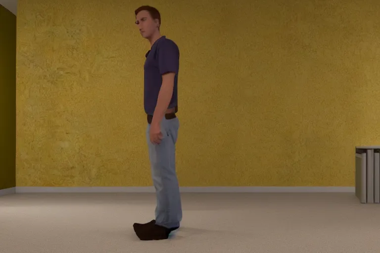 Prompt: 3 d render of jerma 9 8 5, jerma in endless halls of empty office space with worn light mono - yellow 7 0 s wallpaper, old moist carpet, and inconsistently - placed fluorescent lighting | liminal space | non - euclidean space | high octane | blender | 3 d render