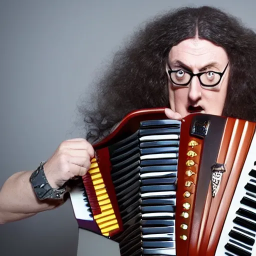 Image similar to weird al yankovic in a rocketship panicking while holding an accordion, close up