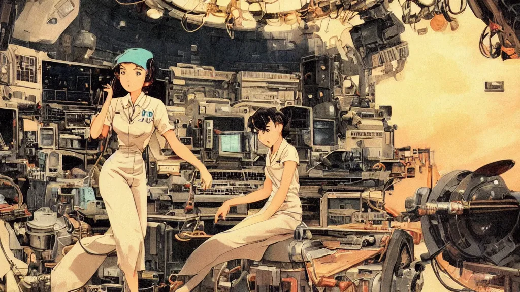 Prompt: a film still of a 1 9 5 0's mechanic anime girl working in control room of ufo, finely detailed features, full body mid shot, perfect art, in the ufo, trending on pixiv fanbox, painted by gaston bussiere, makoto shinkai, akihiko yoshida, gaston bussiere, craig mullins, studio ghibli