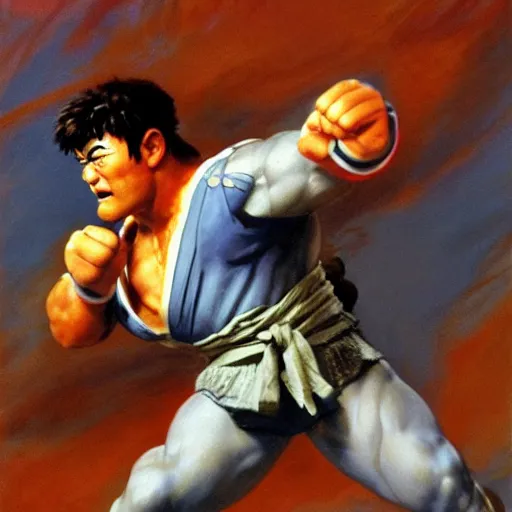 Prompt: ultra realistic david koechner as ryu from street fighter, painting by frank frazetta, 4 k, ultra realistic, highly detailed,
