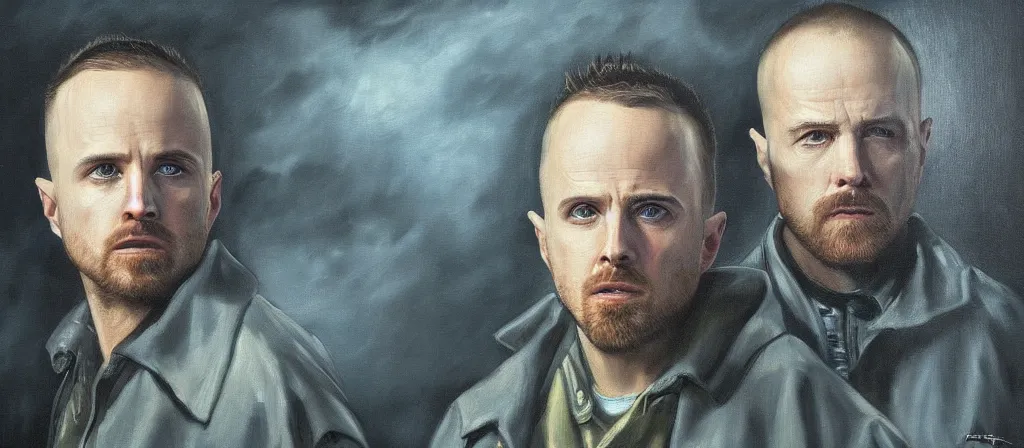 Image similar to an ultra detailed beautiful oil painting of jesse pinkman and heisenberg from breaking bad, cinematic composition, soft shading, by sargent, by giovanni strazza, by raffaelo monti