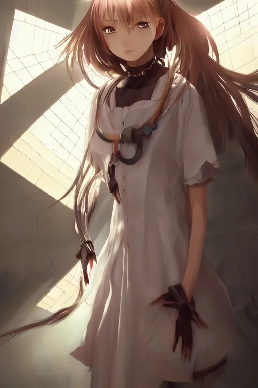 Prompt: Digital anime art by WLOP and Mobius, The hallway of a science complex, escaping test subject, a girl with dangerous psychic glow, wearing hospital gown, chains on wrists, angry expression, highly detailed, intriguing lighting