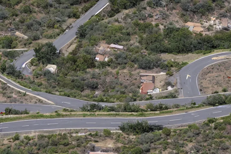 Image similar to looking down road, infinite house lining the road, the biggest pizza, telephoto lens compression