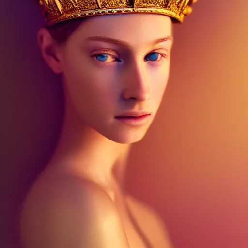 Image similar to photographic portrait of a stunningly beautiful princess renaissance female, with a golden ornate crown, in soft dreamy light at sunset, contemporary fashion shoot, by edward robert hughes, annie leibovitz and steve mccurry, david lazar, jimmy nelsson, extremely detailed, breathtaking, hyperrealistic, perfect face, octane render