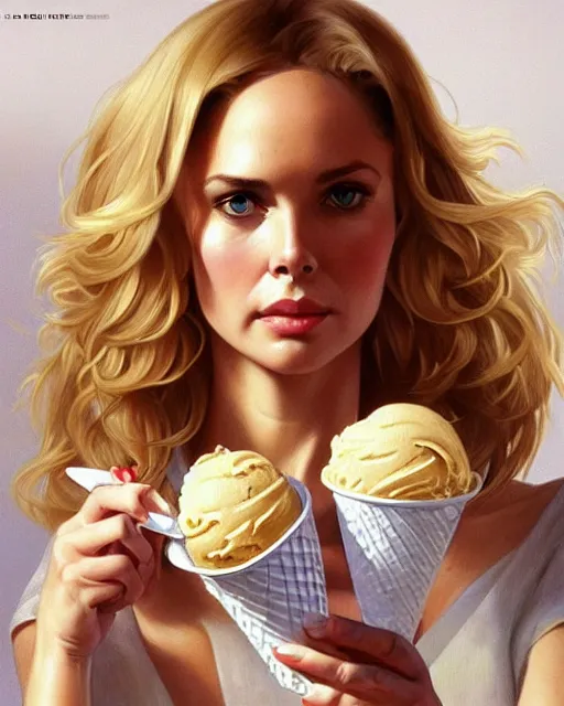 Image similar to portrait of a blonde fuller figured barbara bach from the bond film wearing dungarees and eating ice creams in porto, real life skin, intricate, elegant, highly detailed, artstation, concept art, smooth, sharp focus, art by artgerm and greg rutkowski and alphonse mucha